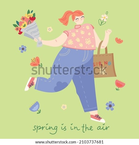 Cute girl holding a bouquet of flowers. Vector stock illustration. Design for the holiday of spring, anniversary, birthday. Isolated on white background.