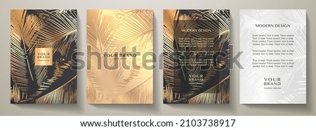 Tropical cover, frame design set with abstract palm leaf pattern (palm tree leaves). Premium gold, black vector background useful for brochure template, luxe exotic restaurant menu, luxury invitation