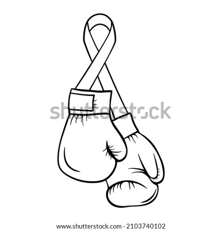 Line boxing gloves with ribbon. Breast cancer icon isolated on white background in outline style