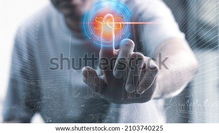 The concept of 5g virtual image system, digital network and Internet based on 5g wireless network, Vulcan 5g mobile phone in urban background 5g network concept, high-speed mobile Internet, new hybrid Royalty-Free Stock Photo #2103740225