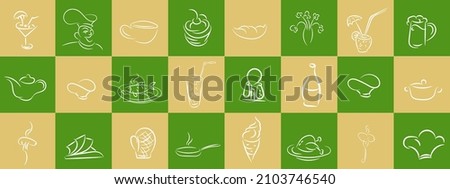Vector collection hand draw icon for restaurants or cafe. Set drinks food fruits in doodle. Funny home thing seamless pattern