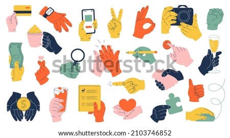 Set of colorful hands with a different stuff, clock, phone, credit card, coin, camera, wine glass, heart and various gestures. Vector illustration isolated on white background. Flat cartoon style.