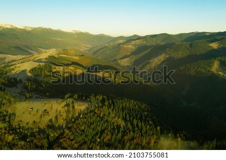Beautiful landscape with forest in mountains on sunny day. Drone photography