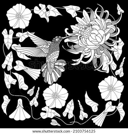 Art therapy coloring page. Hummingbird hand drawn in vintage style with flowers. Linear engraving art. Romantic concept.