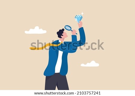 Searching for rare gem, valuable diamond or business evaluation, find talent skillful employee, opportunity or precious investment concept, businessman with magnifying glass looking rare diamond gem. Royalty-Free Stock Photo #2103757241