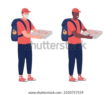 Courier with pizza semi flat color vector character set. Posing figure. Full body people on white. Fast food delivery isolated modern cartoon style illustration for graphic design and animation bundle