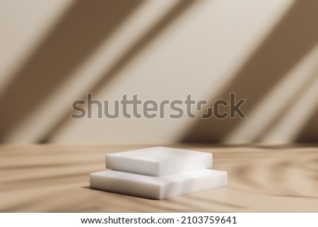 Abstract minimal nature scene - empty stage and square podium on beige background and soft window shadows. Pedestal for cosmetic product and packaging mockups display presentation