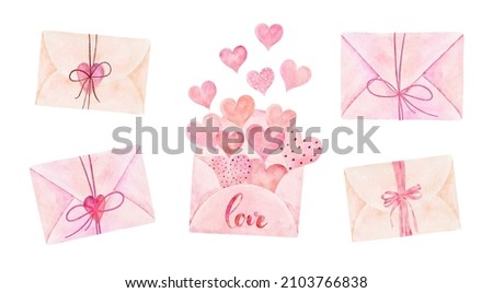 Set of watercolor envelopes isolated on white background. Can be used for valentine's day, greeting cards and invitations. Hand drawn watercolor illustration.