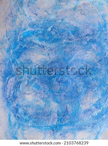 Background is painted with chaotic a smear of paint, spots and prints of oil paint of bright blue, purple, azure colors on gray cardboard with a prominent fatcura