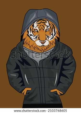 Collection illustration tiger cartoon character wearing leather suit on brown background, vector