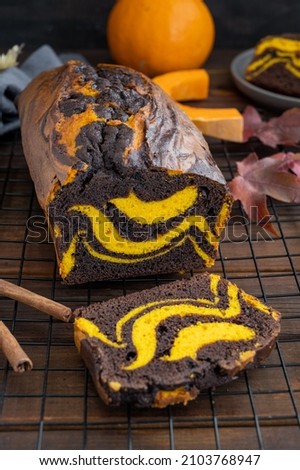 Pumpkin chocolate marble cake or bread on a dark wooden background. Dessert for Thanksgiving or Halloween