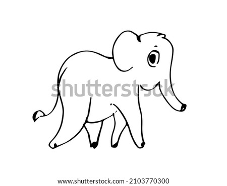 Cheerful cartoon elephant. Funny cute animal. Outline sketch. Hand drawing is isolated on a white background. Vector.