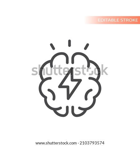 Brain and lightning bolt outlined icon. Brainstorm or brainstorming vector symbol.