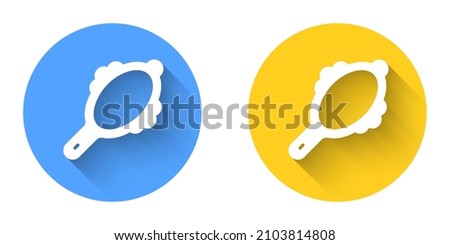 White Magic hand mirror icon isolated with long shadow background. Circle button. Vector