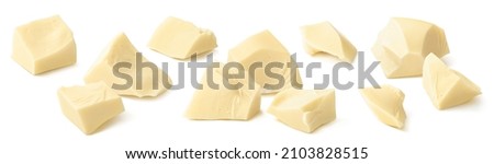 Broken white chocolate pieces isolated on white background. Set for package design. Elements with clipping path Royalty-Free Stock Photo #2103828515