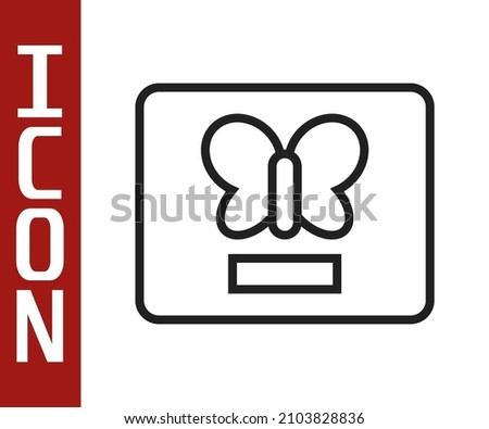Black line Butterfly in a frame icon isolated on white background. Herbarium.  Vector