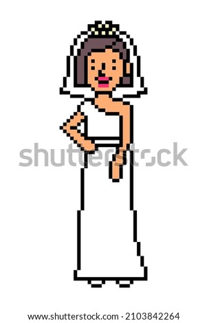 Pixel art happy smiling bride on a wedding day, girl character isolated on white background. Fiancee in a long white dress and veil. Young woman getting married. Retro 2d game, slot machine graphics.