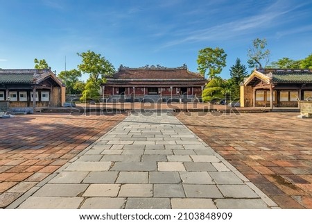 Behine view of the Thai Hoa palace in the Imperial City with the Purple Forbidden City within the Citadel in Hue, Vietnam. Imperial Royal Palace of Nguyen dynasty in Hue. Hue is a popular 