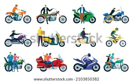 Characters riding motorcycles and scooters, motorbike riders. Men and women driving motorcycles, delivery man on scooter vector set. People on vehicles wearing helmets, having trips