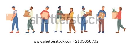 Man and woman holding boxes in hands, moving to office, changing housing or buying new apartment isolated flat cartoon characters. Vector people and paper boxes, belongings, delivery service workers Royalty-Free Stock Photo #2103858902