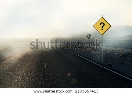 Abstract misty road with question mark road sign and mock up place. Future and challenge concept