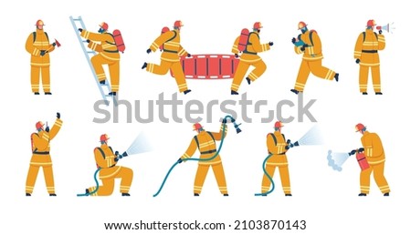 Firefighter characters in uniform, firemen with firefighting equipment. Firefighters saving child, putting out fire using hose vector set. Emergency service with professional workers