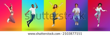 Having fun. Collage with cheerful young multiracial people jumping and fooling around on neon colorful studio backgrounds, banner. Cool millennials being in a good mood, celebrating triumph