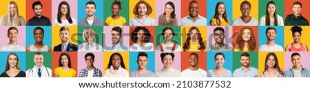 Panoramic set of portraits of cheerful multiracial people posing on colorful studio backgrounds, creative image. Banner for recruitment website or job seeking community, collage