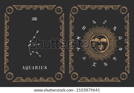 Aquarius zodiac constellation on black background, drawn horoscope card in engraving style. Vintage illustration of astrological sign with Sun and Crescent in vector.