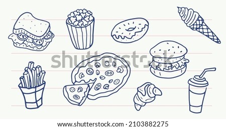 Fast Food Set in Doodle style. Hand drawn Illustration. Isolated vector.