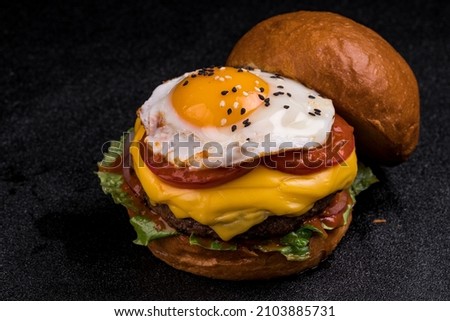 Hamburger. Sandwich with chicken burger, tomatoes, pickled cucumber and fried egg. Fresh tasty chicken burger on wooden table.
