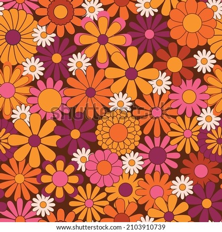 Colorful floral seamless pattern. Groovy flowers vector illustration, hippie aesthetic. Funny multicolored print for fabric, paper, any surface design. Psychedelic wallpaper Royalty-Free Stock Photo #2103910739