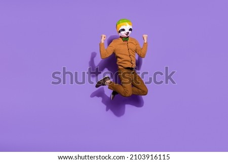 Full length photo of excited delighted sloth mammal head person raise fists isolated on purple color background