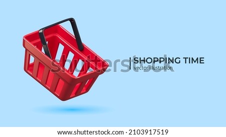 3D glossy flying realistic shopping cart in red color isolated on white background. Empty shopping basket. For mobile applications. Vector illustration Royalty-Free Stock Photo #2103917519