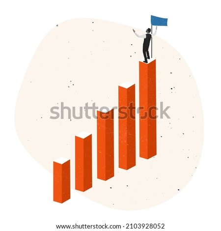 Contemporary art collage. Modern design. Businessman standing with gflag on the top symbolizing growth and success. Concept of business, development, promotion, motivation, ambitions, work and ad