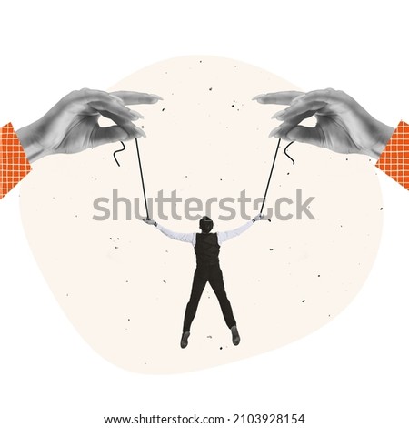 Contemporary art collage. Huge hands holding businessman and manipulating like marionette. Concept of persuasion, exploitation, business control. influnce, working pressure, employment and ad Royalty-Free Stock Photo #2103928154