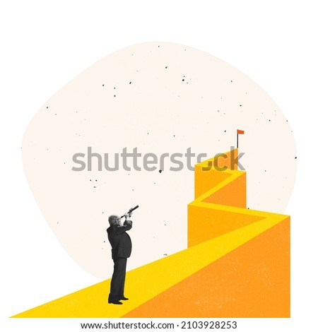 Contemporary art collage. Businessman looking ot top of the mountain, paving way to the top. Concept of personal and professional growth, leadership, motivation, concentration, achievement, ad Royalty-Free Stock Photo #2103928253