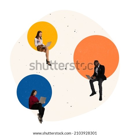 Creative design. Contemporary art collage of employees working with laptop. Teleworking. Online cooperation via Internet. Concept of remote work, team, business, projects, network support, ad Royalty-Free Stock Photo #2103928301