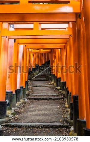 The Senbon Torii, Thousands Torii Gate, at Fushimi Inari Taisha Shinto shrine in daylight.