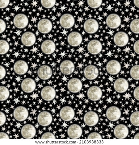 Seamless Repeat Stars and Moons Pattern with Various Sized Stars on a Dark Sky Background
