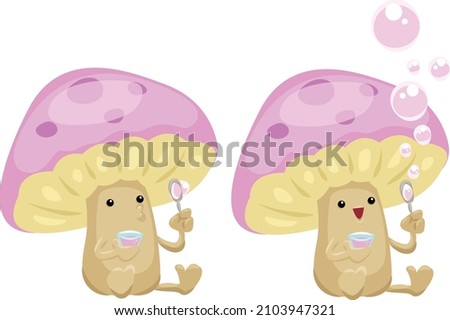 mushrooms playing bubble illustration for mascot, sticker, character, kids book, website, jokes, and many more