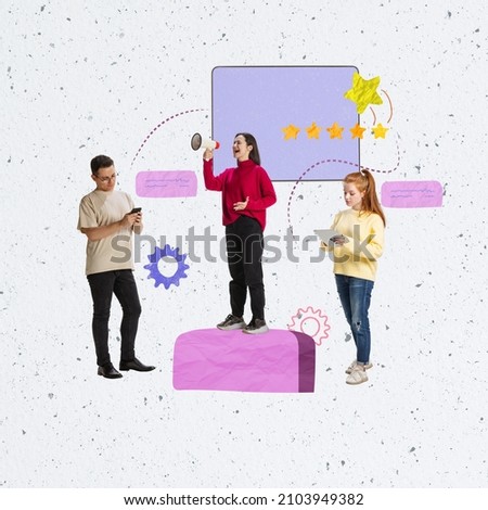Lead scoring. Contemporary art collage. Creative design of people making marketing target statistics. Concept of shopping, marketing, popularity, management, business, shopping strategy, ad