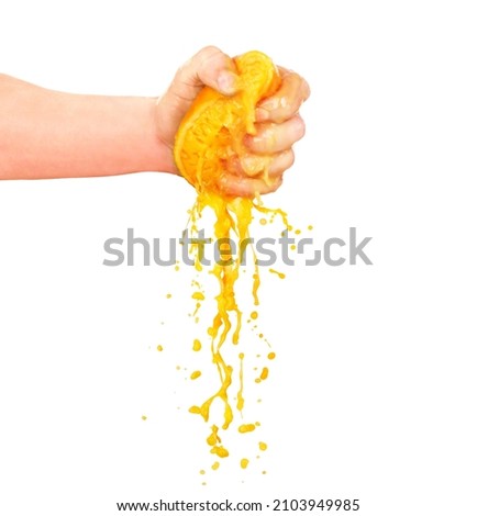 Hand of strong young man strangling orange juice on white background Royalty-Free Stock Photo #2103949985
