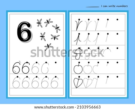 Learn to count and trace number six. Set of educational pages in line for little children. I can write numbers. Black and white printable worksheets for school math textbook. Kids activity sheet.