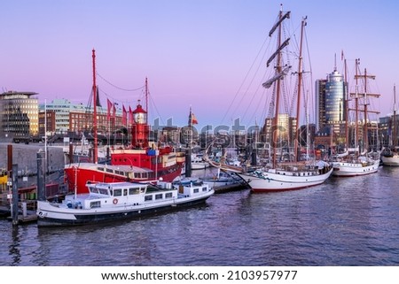 Hamburg, Germany. The harbor at sundown.	