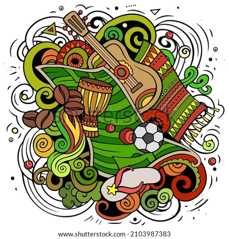 Brazil cartoon vector doodle illustration. Colorful detailed composition with lot of Brazilian objects and symbols