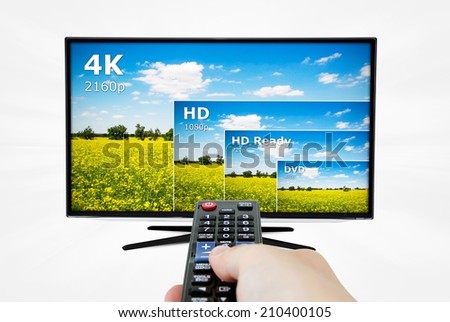 4K television display with comparison of resolutions. Remote control in hand Royalty-Free Stock Photo #210400105
