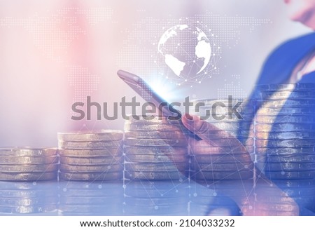 Double exposure online banking and internet banking and people networking account banking finance concept, Young women with laptop, phone, cellphone, tablet, smartphone mobile, and coin money