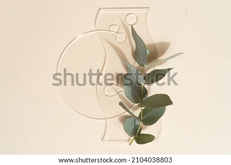 Glass petri dish with transparent pure serum for skin care on beige background, top view. Concept of laboratory tests and research, making natural organic cosmetic, natural cosmetics concept Royalty-Free Stock Photo #2104038803