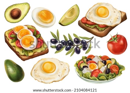 Healthy breakfast. Clip art set of food elements. Hand drawn watercolor illustration.